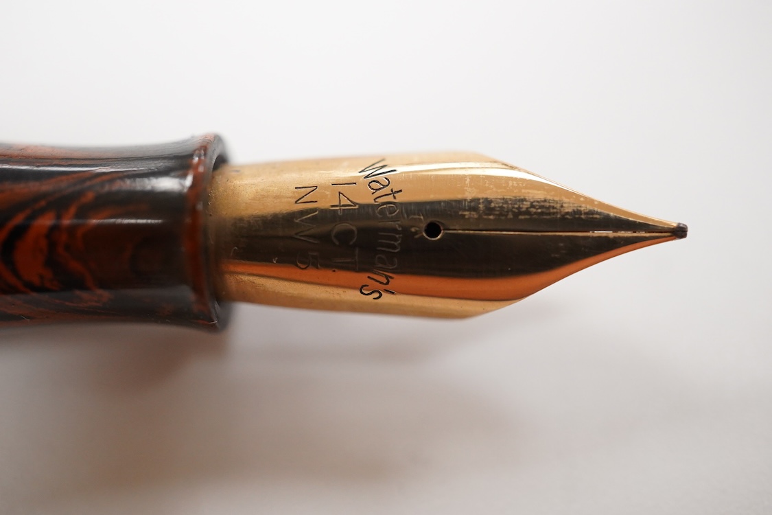 A Waterman Red Ripple No. 5 lever filler with green cap band and fitted with No. 5 Waterman nib